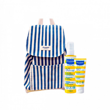 Mustela Beb Spray solar SPF50 200 ml + Leite solar rosto SPF50+ 40 ml com Desconto de 4 + Oferta de Mochila de praia Azul